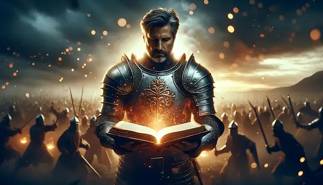 A fantasy knight in armor stands calmly reading from a glowing book while a chaotic battle rages in the background.