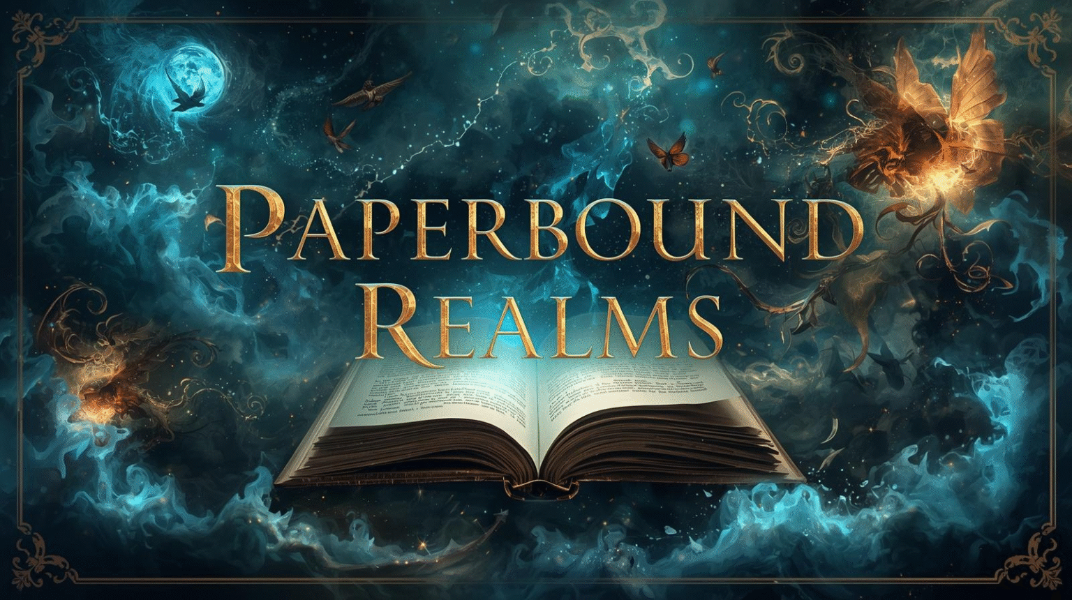 Paperbound realms in HD brass colored letters above an open book floating in the cosmos.