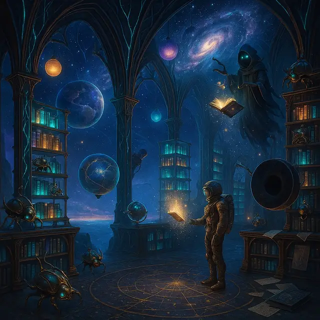 A spaceman reads a book in an ethereal library surrounded bu planets, moons, and galaxies.
