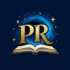 Paperbound Realms logo of letters"PR" hovering above a book on a blue background with stars swirling around it