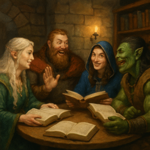 A warrior, mage, archer, and orc gathered around a table participating in a book club.