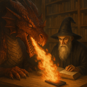 A large dragon shooting flames at a wizards phone in a library to avoid distractions of screens.