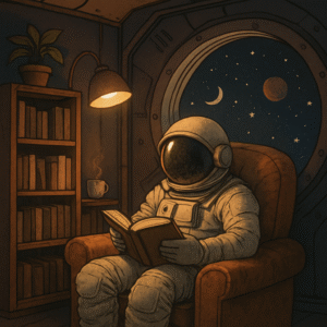 A spaceman reading a book on a comfy reading chair in a cozy corner.